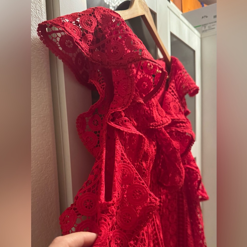 French Connection Lace Red Balloon Sleeve V-Neck Dress - Picture 13 of 13